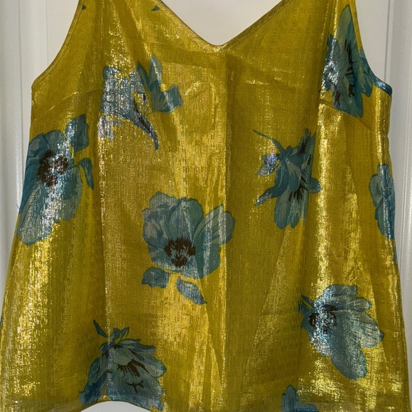 Bar III Yellow Satin Floral Cami with Blue Flowers - Picture 2 of 3